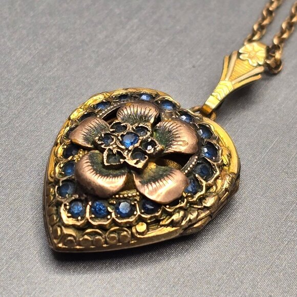 Estate Jewelry - Victorian 12K Gold Filled Heart Locket Necklace Old Mine Cut Blue Paste Stones